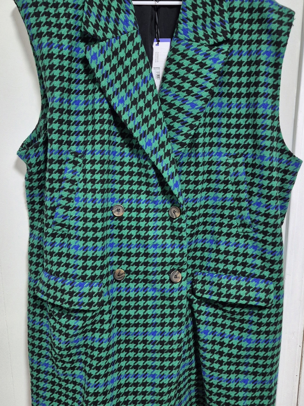 Future Collective Sleeveless Houndstooth Long Vest Coat - Green/Blue